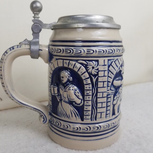 Beer Stein Pewter Lid Vtg Gerz West Germany Blue‎ And Beige tavern scene - Picture 4 of 11